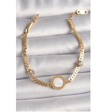 316L Çelik Gold Renk Yassı Zincir Model Zirkon Taş Detaylı Beyaz Mineli Madalyon Model Kadın Bileklik