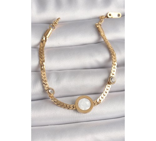 316L Çelik Gold Renk Yassı Zincir Model Zirkon Taş Detaylı Beyaz Mineli Madalyon Model Kadın Bileklik