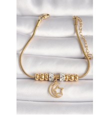 316L Çelik Gold Renk Tüp Zincir Zirkon Taş Detaylı Sallantı Ay Yıldız Figür Kadın Bileklik