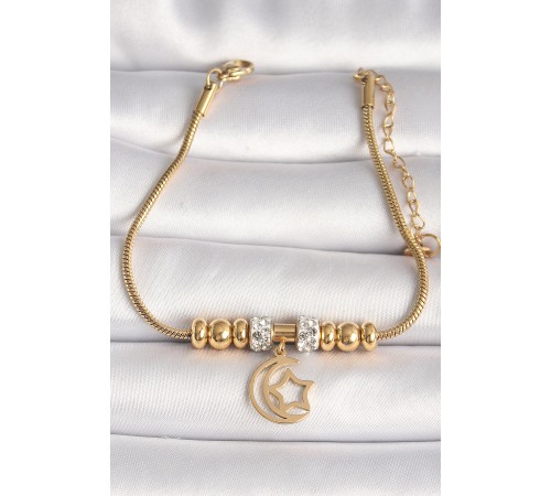 316L Çelik Gold Renk Tüp Zincir Zirkon Taş Detaylı Sallantı Ay Yıldız Figür Kadın Bileklik
