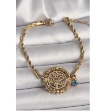 316L Çelik Gold Renk Burgu Zincir Model Dorika Yaşam Ağacı Figür Nazar Boncuk Detay Kadın Bileklik