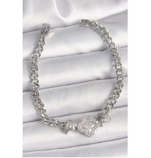 Pirinç Gümüş Renk Zirkon Taşlı Yonca Figür Zincir Model Kadın Bileklik