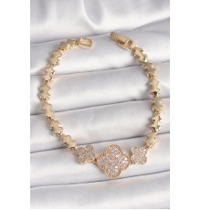 Pirinç Gold Renk Zirkon Taşlı Yonca Model Zincir Kadın Bileklik