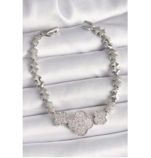 Pirinç Gümüş Renk Zirkon Taşlı Yonca Model Zincir Model Kadın Bileklik