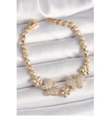 Pirinç Gold Renk Zirkon Taşlı Kelebek Figür Çiçek Zincir Model Kadın Bileklik