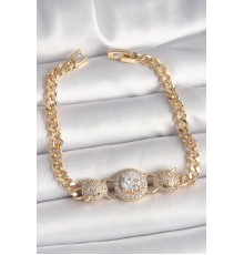 Pirinç Gold Renk Zirkon Taşlı Leopar Figür Zincir Model Kadın Bileklik