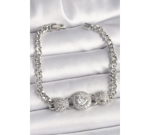 Pirinç Gümüş Renk Zirkon Taşlı Leopar Figür Zincir Model Kadın Bileklik