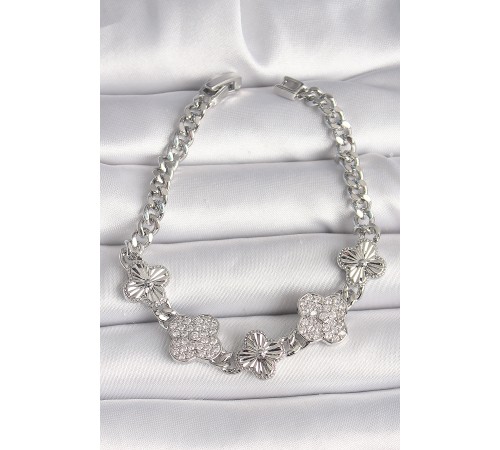 Pirinç Gümüş Renk Zincir Yonca Model Kadın Bileklik