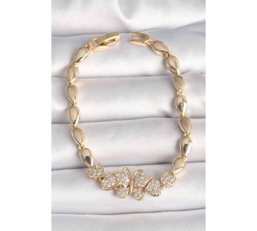 Pirinç Gold Renk Zirkon Taşlı Kelebek Figür Damla Zincir Model Kadın Bileklik