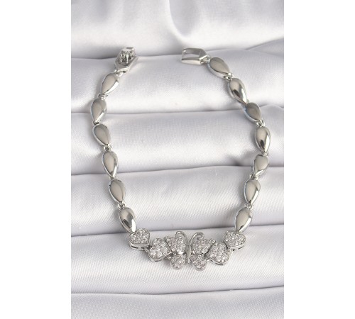 Pirinç Gümüş Renk Zirkon Taşlı Kelebek Figür Damla Zincir Model Kadın Bileklik