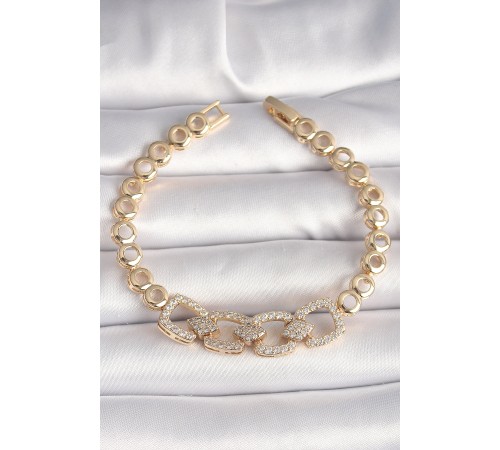 Pirinç Gold Renk Zirkon Taşlı Daire Zincir Model Kadın Bileklik