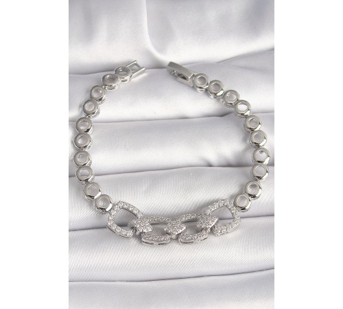 Pirinç Gümüş Renk Zirkon Taşlı Daire Zincir Model Kadın Bileklik