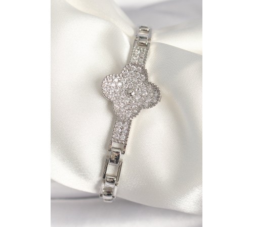 Pirinç Gümüş Renk Zirkon Taşlı Yonca Model Kadın Bileklik