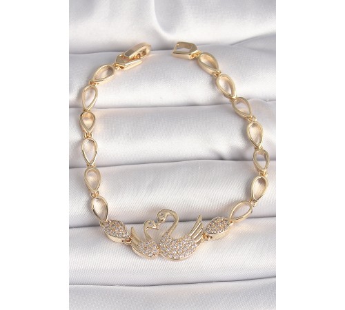Pirinç Gold Renk Zirkon Taşlı Kuğu Figür Damla Zincir Model Kadın Bileklik