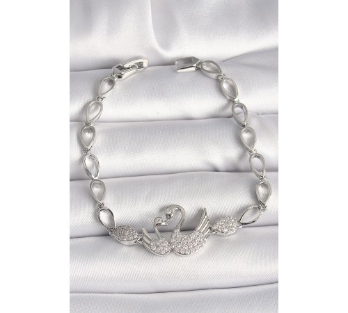 Pirinç Gümüş Renk Zirkon Taşlı Kuğu Figür Damla Zincir Model Kadın Bileklik