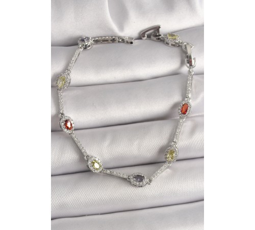 Pirinç Gümüş Renk Renkli Zirkon Taşlı Damla Taş Model Kadın Bileklik