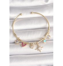 Pirinç Gold Renk Zirkon Taşlı Sallantı Kutup Yıldız Figür İnci Detay Charm Kadın Bileklik
