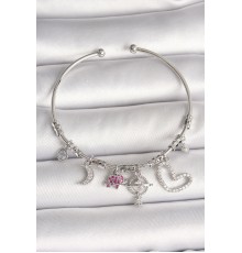 Pirinç Gümüş Renk Sallantı Zirkon Taşlı Gezegen Figür Kalp Detay Charm Kadın Bileklik