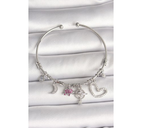 Pirinç Gümüş Renk Sallantı Zirkon Taşlı Gezegen Figür Kalp Detay Charm Kadın Bileklik