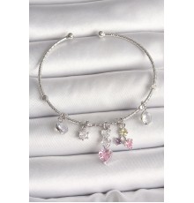 Pirinç Gümüş Renk Sallantı Zirkon Taşlı Kalp Figür Charm Kadın Bileklik