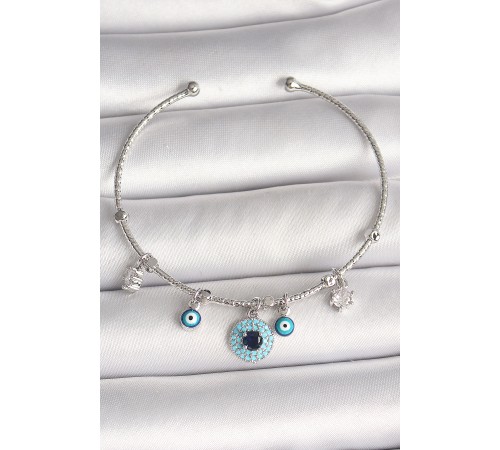 Pirinç Gümüş Renk Sallantı Zirkon Taşlı Nazar Boncuk Figür Charm Kadın Bileklik
