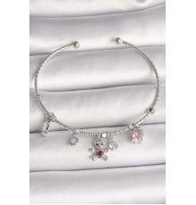 Pirinç Gümüş Renk Sallantı Zirkon Taşlı Ayıcık Figür Kırmızı Taş Detay Charm Kadın Bileklik