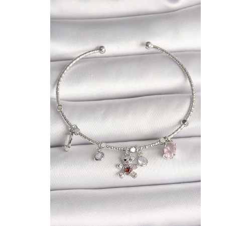 Pirinç Gümüş Renk Sallantı Zirkon Taşlı Ayıcık Figür Kırmızı Taş Detay Charm Kadın Bileklik