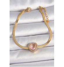 316L Çelik Gold Renk İtalyan Zincir Pembe Zirkon Taşlı Kalp Model Kadın Bileklik