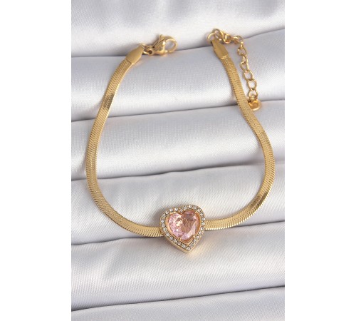 316L Çelik Gold Renk İtalyan Zincir Pembe Zirkon Taşlı Kalp Model Kadın Bileklik