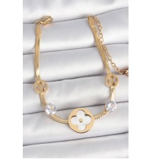 316L Çelik Gold Renk İtalyan Zincir Beyaz Mineli Yonca Model Zirkon Taş Detaylı Kadın Bileklik