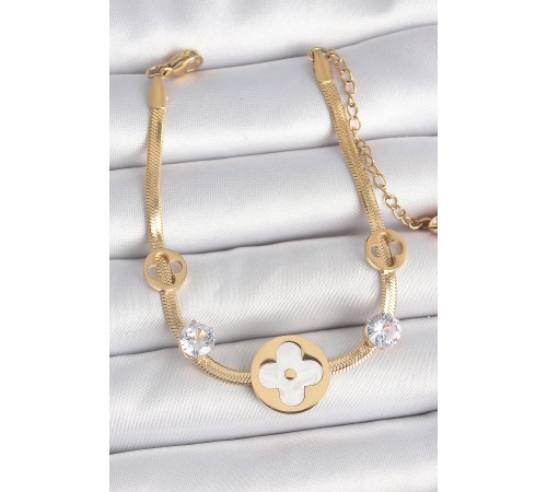 316L Çelik Gold Renk İtalyan Zincir Beyaz Mineli Yonca Model Zirkon Taş Detaylı Kadın Bileklik