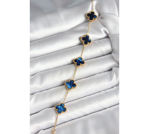 316L Çelik Sedefli Lacivert Gold Renk Yonca Kadın Bileklik