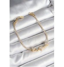 Pirinç Sıralı Kalp Figürlü Zirkon Taşlı Gold Renk Kadın Bileklik