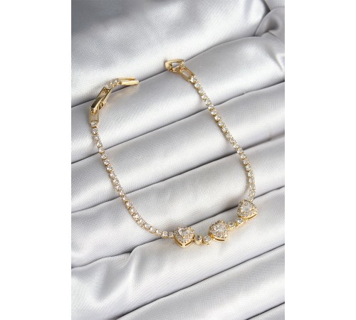 Pirinç Sıralı Kalp Figürlü Zirkon Taşlı Gold Renk Kadın Bileklik