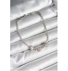 Pirinç Sıralı Pembe Kalp Figürlü Zirkon Taşlı Gümüş Renk Kadın Bileklik