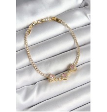 Pirinç Sıralı Pembe Kalp Figürlü Zirkon Taşlı Gold Renk Kadın Bileklik