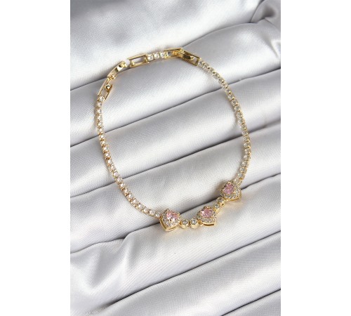 Pirinç Sıralı Pembe Kalp Figürlü Zirkon Taşlı Gold Renk Kadın Bileklik