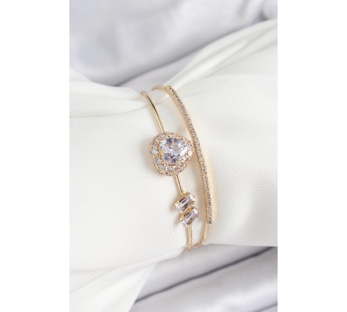 Pirinç Gold Renk Kalpli Zirkon Taşlı Kadın Bileklik