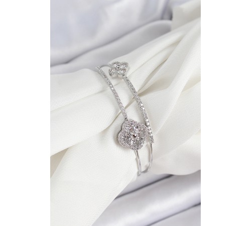 Pirinç Gümüş Renk Zirkon Taşlı Yonca Model 2'li Kadın Bileklik