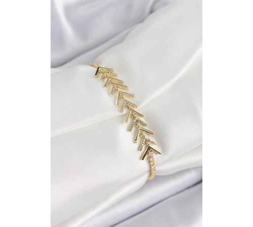 Pirinç Gold Renk Zirkon Taşlı Balık Sırtı Kadın Bileklik