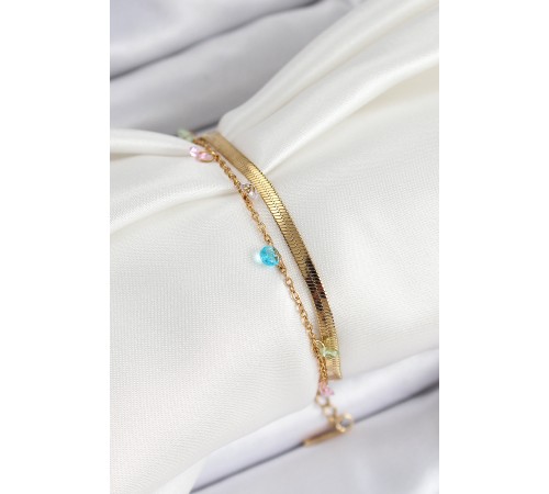 316L Çelik Gold Renk Karışık Renkli Kristal Taşlı 2'li Kadın Bileklik