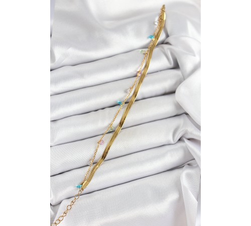 316L Çelik Gold Renk Karışık Renkli Kristal Taşlı 2'li Kadın Bileklik