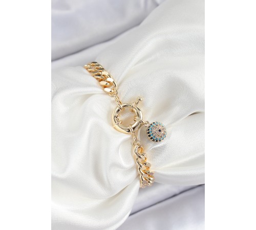 Pirinç Nazar Model Zirkon Taşlı Gold Renk VİP Seri Kadın Bileklik