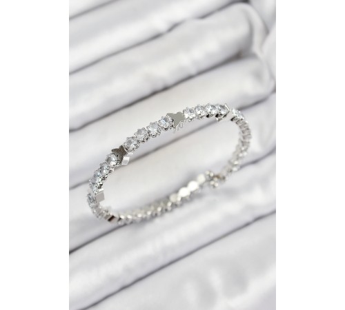 Pirinç Zirkon Taşlı Kalp Model Gümüş Renk Yaylı Kadın Bileklik