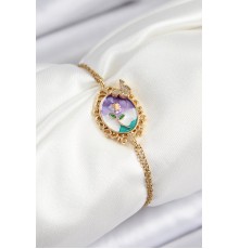 316L Çelik Zincir Mineli Sanatsal Portre Zirkon Taşlı Kelebek Detaylı Çiçek Model Gold Renk Kadın Bileklik