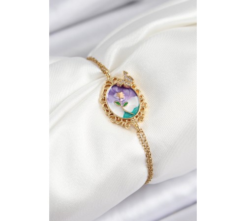 316L Çelik Zincir Mineli Sanatsal Portre Zirkon Taşlı Kelebek Detaylı Çiçek Model Gold Renk Kadın Bileklik