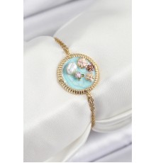 316L Çelik Zincir Turkuaz Mineli Sanatsal Portre İnci Detaylı Çiçek Model Gold Renk Kadın Bileklik