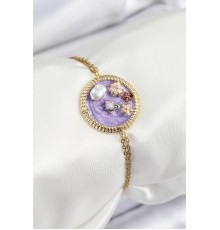 316L Çelik Zincir Mor Mineli Sanatsal Portre İnci Detaylı Çiçek Model Gold Renk Kadın Bileklik