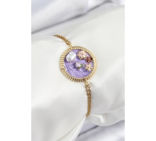 316L Çelik Zincir Mor Mineli Sanatsal Portre İnci Detaylı Çiçek Model Gold Renk Kadın Bileklik