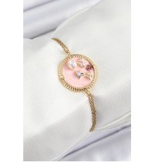 316L Çelik Zincir Pembe Mineli Sanatsal Portre İnci Detaylı Çiçek Model Gold Renk Kadın Bileklik